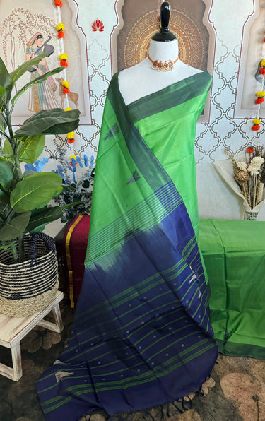Vegan Silk Saree | No Zari | No Blouse | Handwoven | Leaf Green & Purple | Ships from California